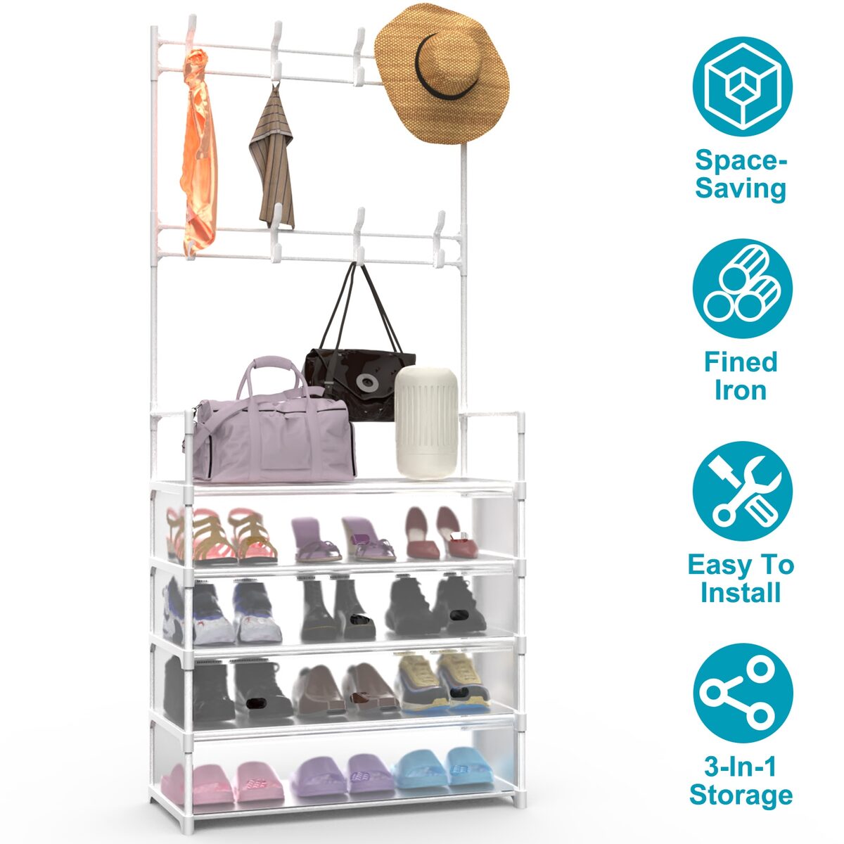 5 Tier Shoe Rack With Coat Rack For Front Door Bedroom Entrance - White